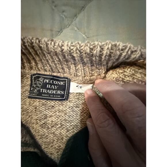 Peconic Bay Traders Fisherman Sweater Mens M Wool Birds Eye Beige Green Stripe - Picture 10 of 11